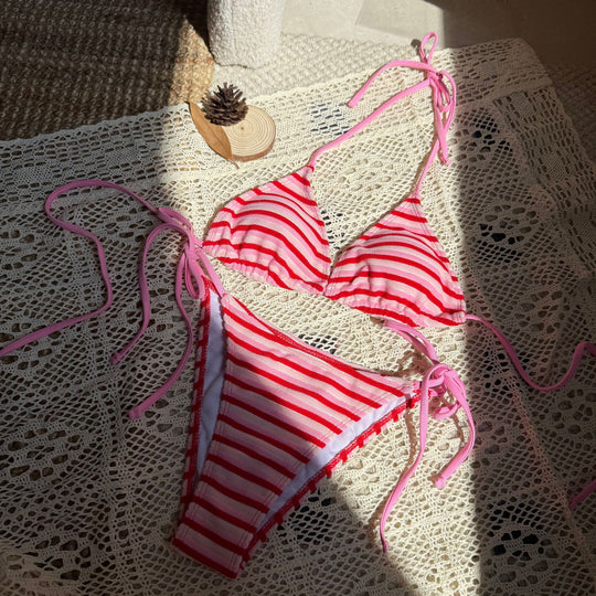 Damen Triangel-Bikini mit verstellbaren Bändern und buntem Streifenmuster R&B