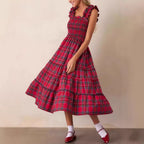 Damen Maxikleid mit voluminösen Rüschendetails und klassischen Karo-Muster R&B