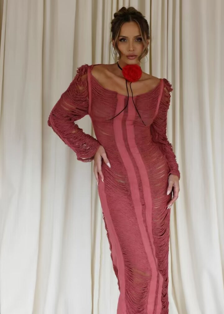Damen elegantes Strandkleid mit raffinierten Fransen und transparenten Elementen R&B