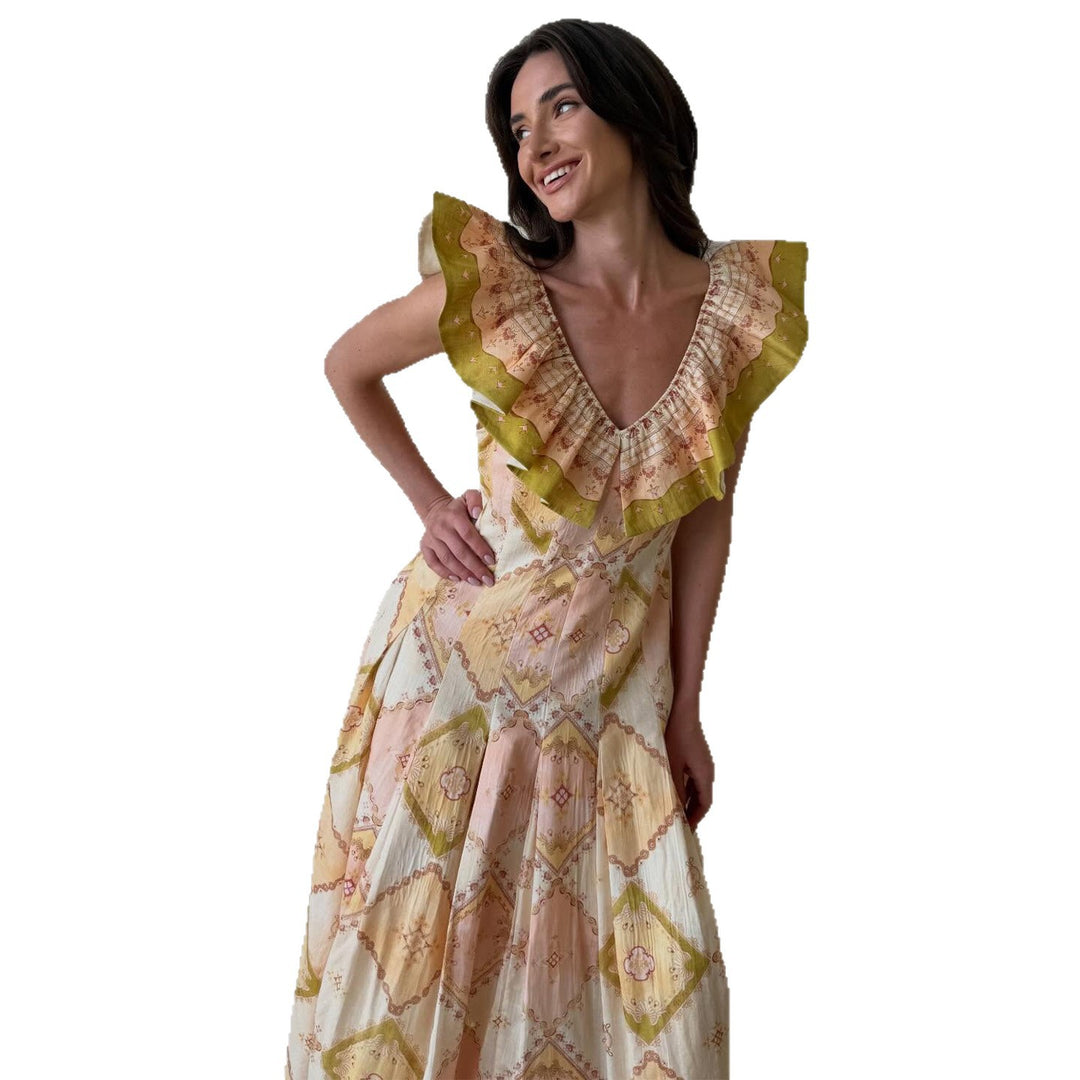 Damen Maxikleid mit voluminösen Rüschendetails und elegantem V-Ausschnitt R&B