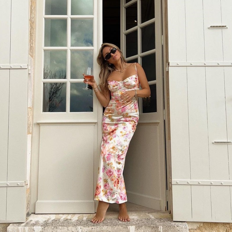 Damen Blütenmaxikleid mit verstellbaren Trägern und figurbetontem Schnitt R&B