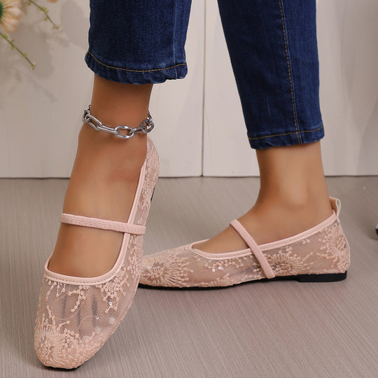 Damen Ballerinas mit filigranem Stickmuster und elastischem Riemen R&B