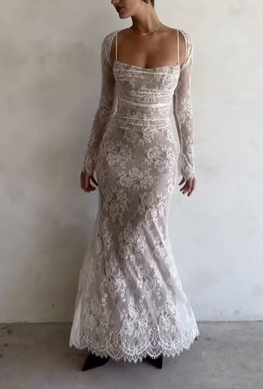 Damen Maxikleid aus zarter Spitze mit langen Ärmeln R&B
