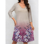 Damen V-Ausschnitt Sommerkleid mit floralem Aquarell-Design und ¾-Ärmeln R&B