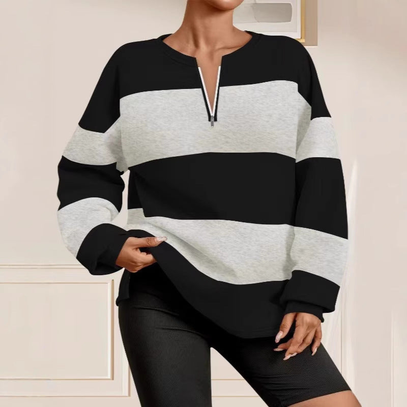Damen modischer Sweatpullover mit Reißverschluss und gestreiftem Design R&B