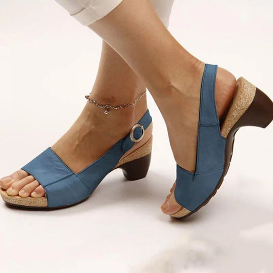Damen nan Sandalette mit elastischem Fersenriemen ergonomischem Kork-Komfortfußbett und niedrigem geschwungenem Absatz R&B