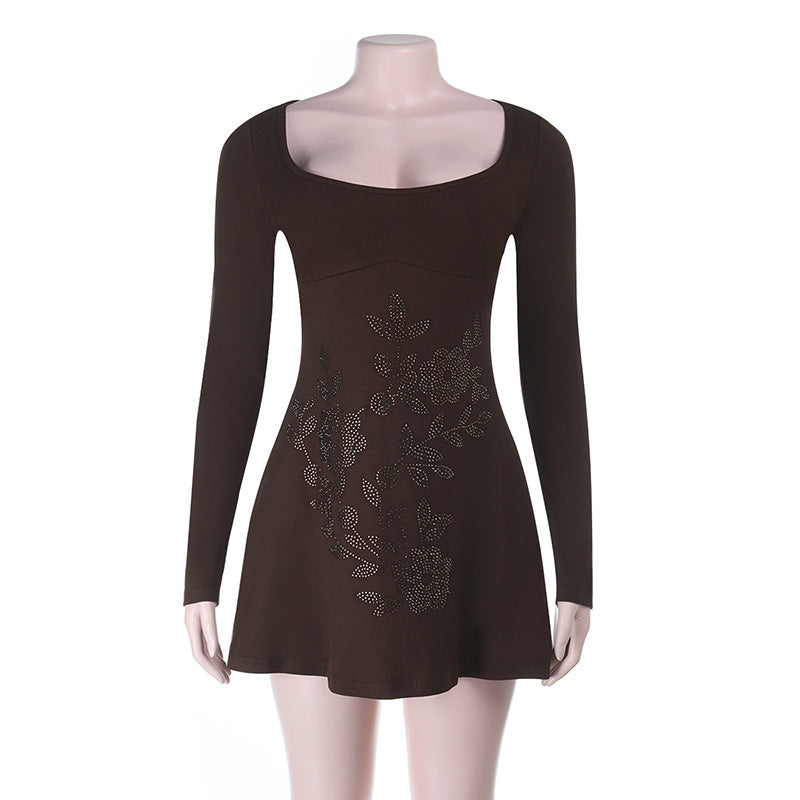 Damen figurbetontes Langarmkleid mit floralem Strassdesign R&B