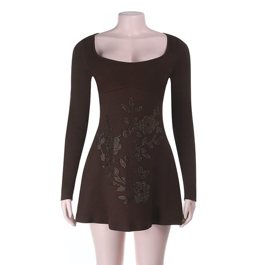 Damen figurbetontes Langarmkleid mit floralem Strassdesign R&B