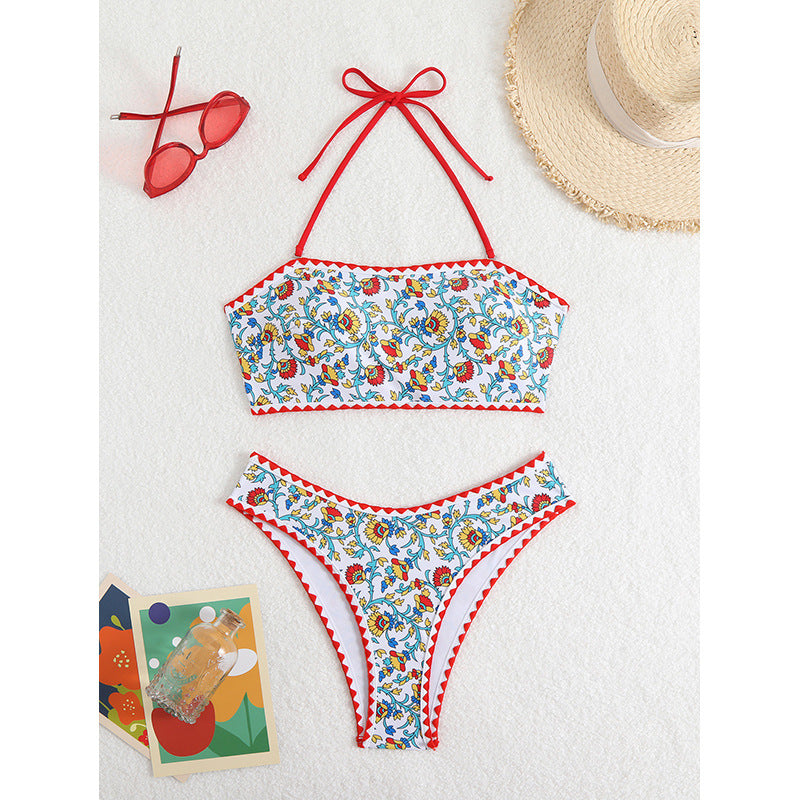 Damen Bandeau-Bikini mit floralem Muster und doppeltem Bortenabschluss R&B