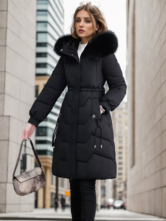 Damen eleganter und isolierter Wintermantel mit abnehmbarem Kunstfellkragen R&B