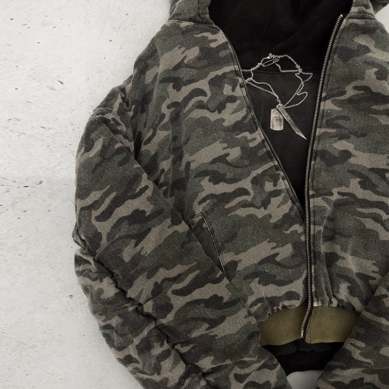 Herren nan kurz geschnittene Camouflage Kapuzenjacke im Bomberstil mit Teddyfutter und Zweiwege-Reißverschluss R&B