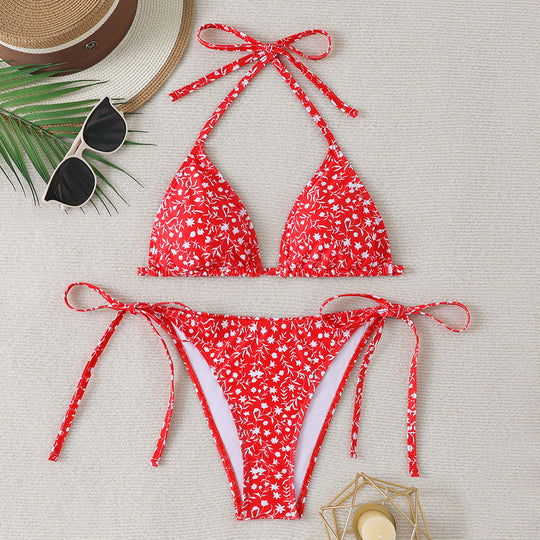 Damen Triangel-Bikini mit verstellbaren Bindebändern und floralen Details R&B