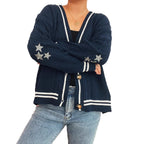 Damen gemütliche Strickjacke mit Sternen-Applikationen und modernen Details R&B