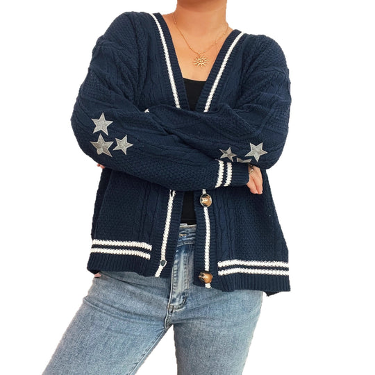 Damen gemütliche Strickjacke mit Sternen-Applikationen und modernen Details R&B