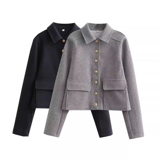 Damen modische Kurzjacke aus strukturiertem Wollmaterial mit praktischen Pattentaschen R&B