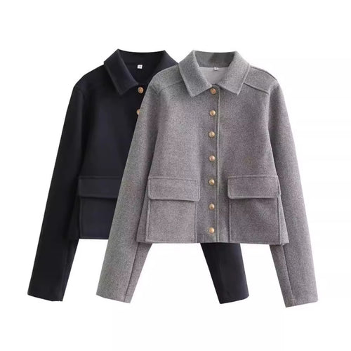 Damen modische Kurzjacke aus strukturiertem Wollmaterial mit praktischen Pattentaschen R&B