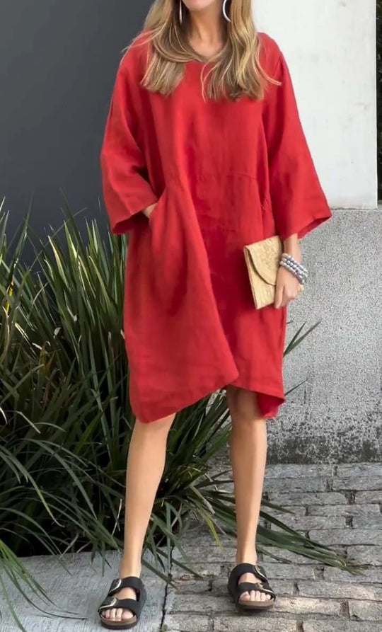 Damen lässiges Leinenkleid mit praktischen Taschen und asymmetrischem Saum R&B