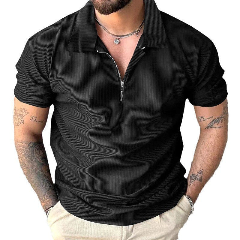 Herren modisches kurzärmliges Polo-Shirt mit lässigem Hochkragen und Reißverschluss R&B
