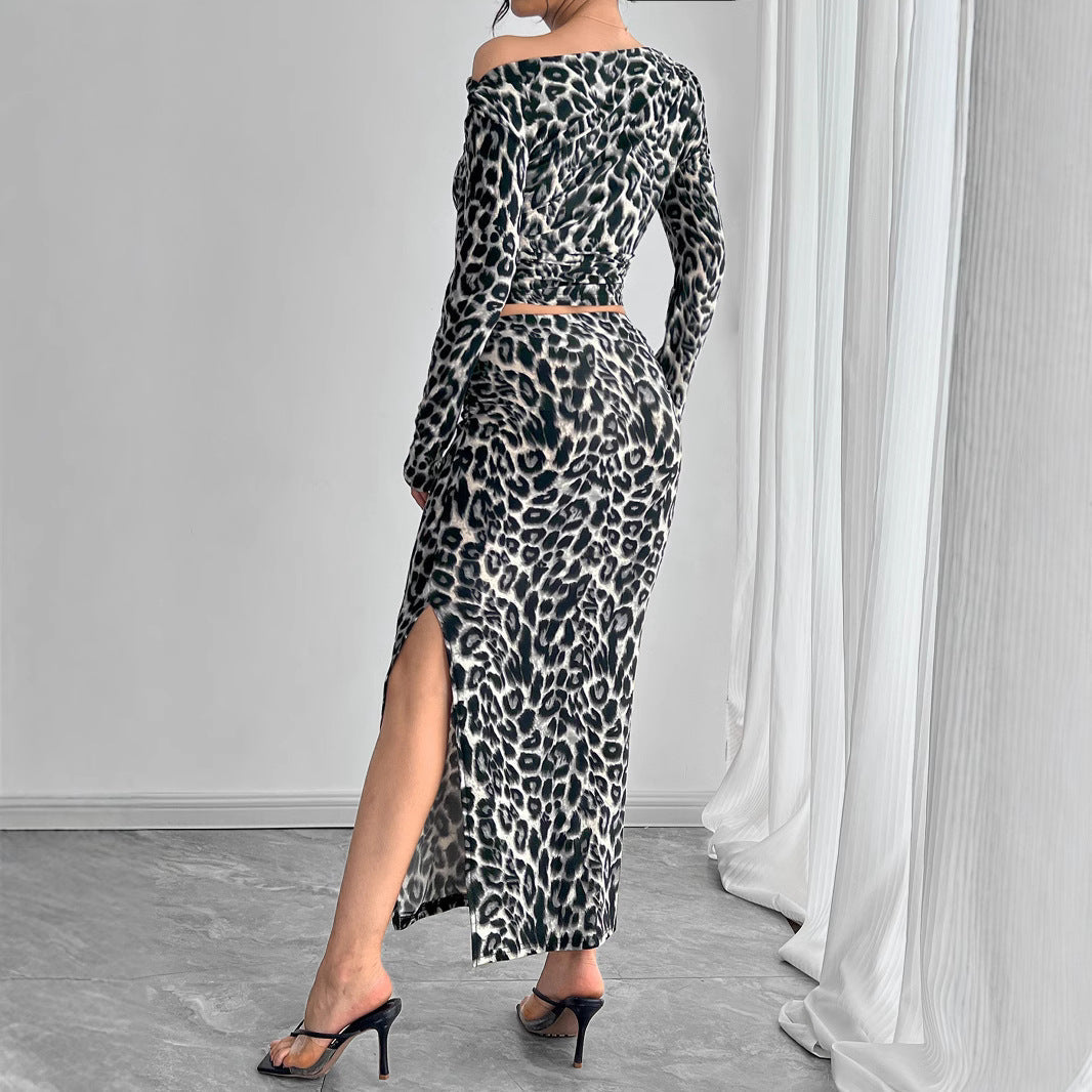 Damen Off-Shoulder Kombination mit Leopardenmuster und hohem Schlitz R&B
