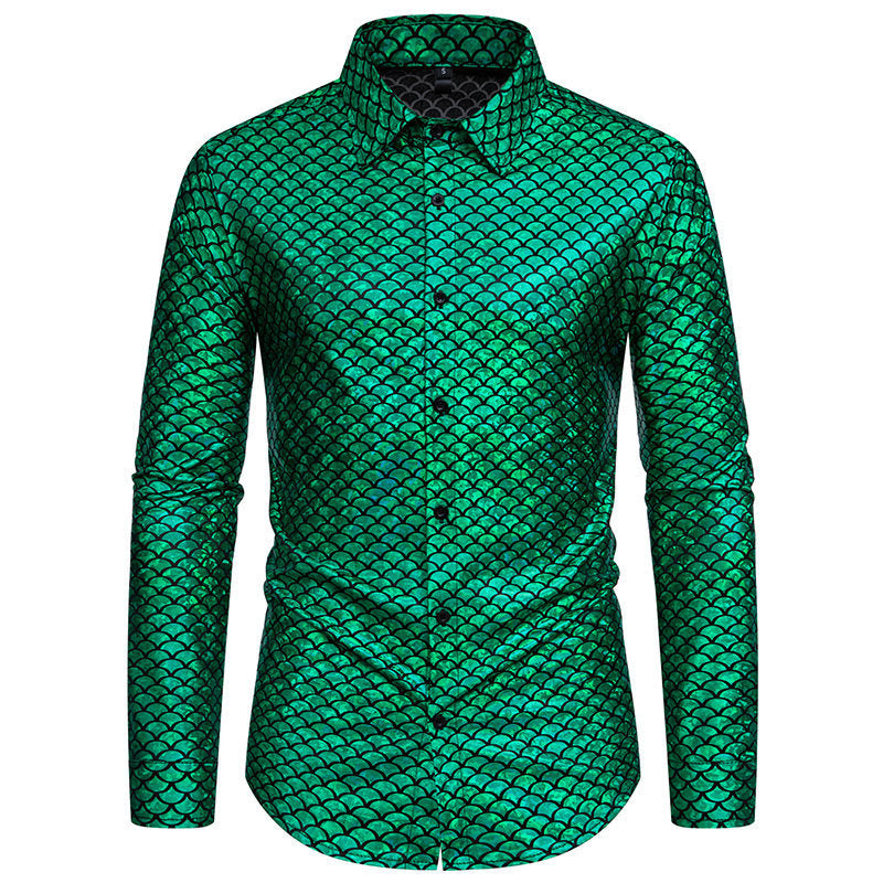 Herren schimmerndes Langarmhemd mit Fischschuppen-Design R&B