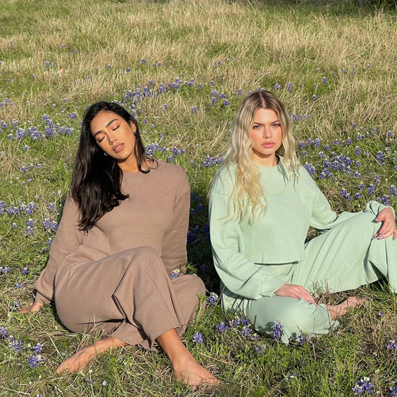 Damen lässiges Waffelpique-Set mit cropped Oberteil und bequemen Hosen R&B