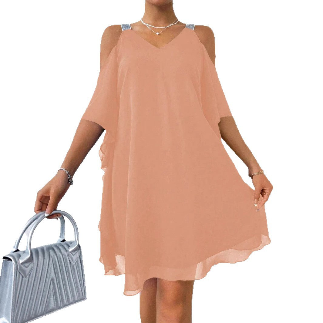 Damen schulterfreies Flatterkleid mit glitzernden Trägern R&B