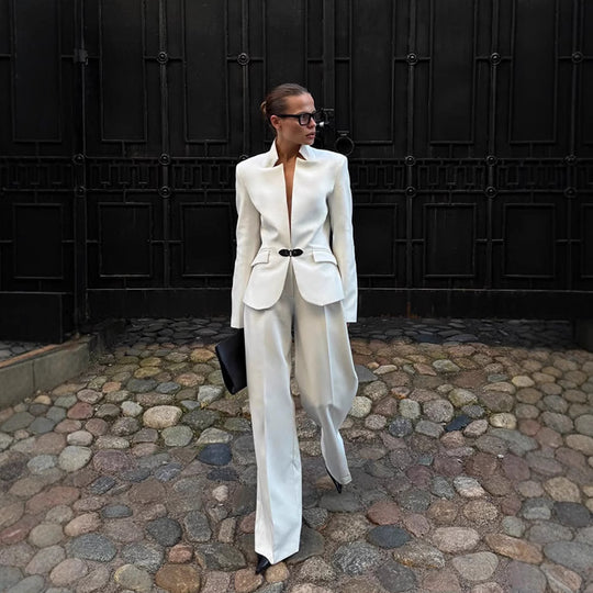 Damen elegantes Tailor-Anzug-Set mit minimalistischer Silhouette und tiefem Ausschnitt R&B