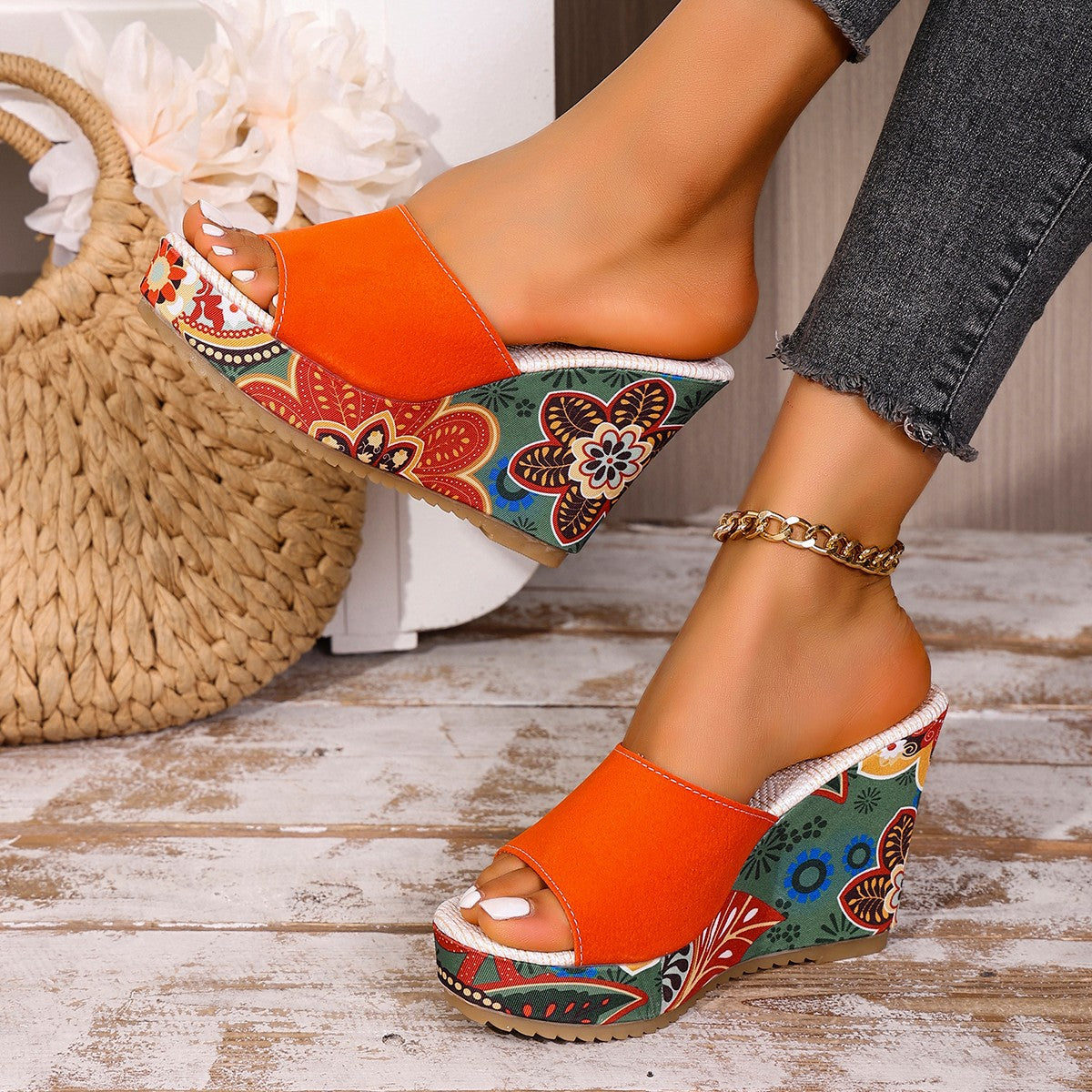 Damen Wedge-Pantoletten mit floralem Design R&B