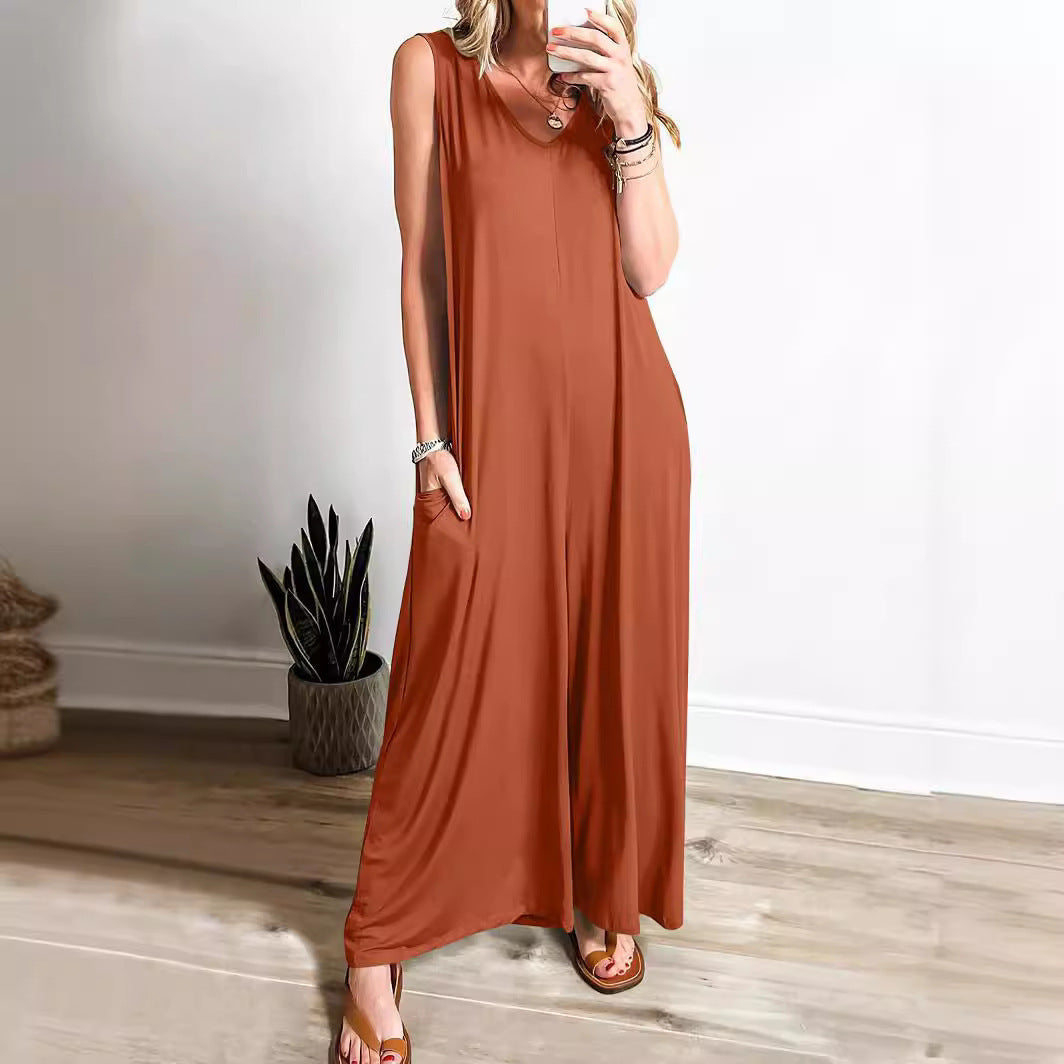 Damen ärmelloses Maxikleid mit seitlichen Taschen und fließender Silhouette R&B