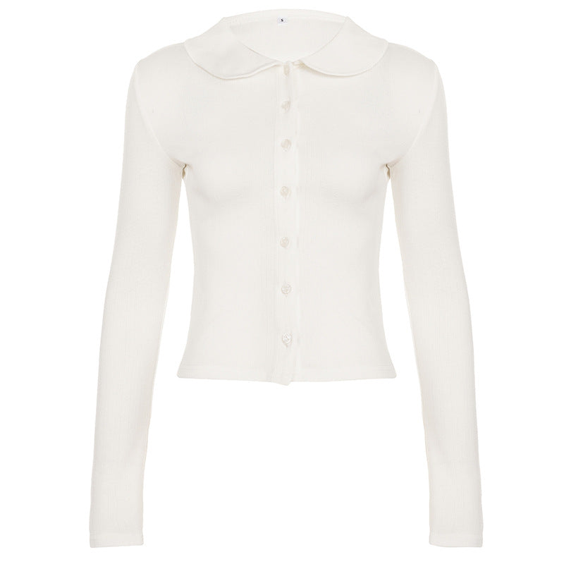 Damen Langarm-Crop-Top mit stilvollem Kragen und Knopfleiste R&B