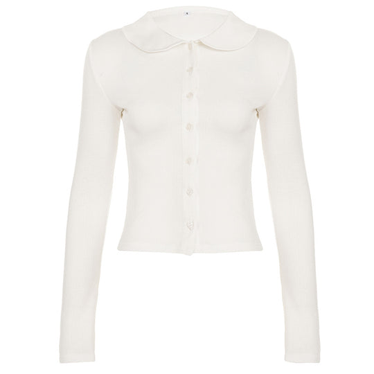 Damen Langarm-Crop-Top mit stilvollem Kragen und Knopfleiste R&B
