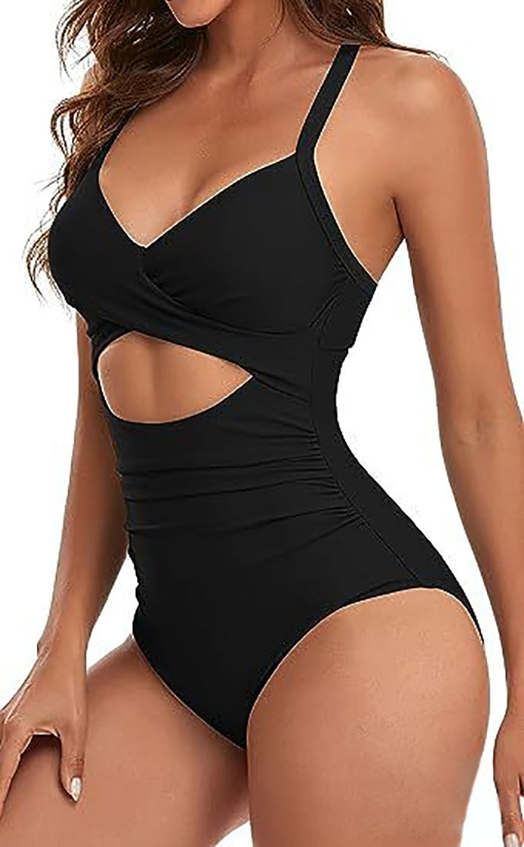 Damen Einteiler Badeanzug mit stylischem Wickeldesign und raffinierten Kreuzträgern