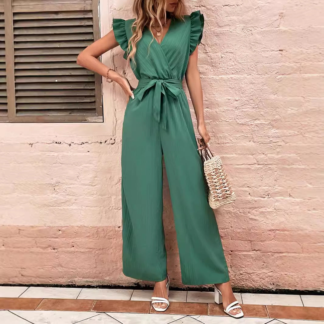 Damen Eleganter Jumpsuit mit Taillengürtel und Rüschendetails R&B