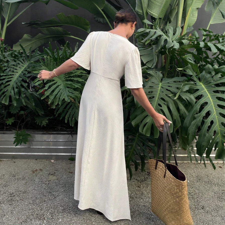 Damen Maxikleid mit fließenden Ärmeln und V-Ausschnitt R&B
