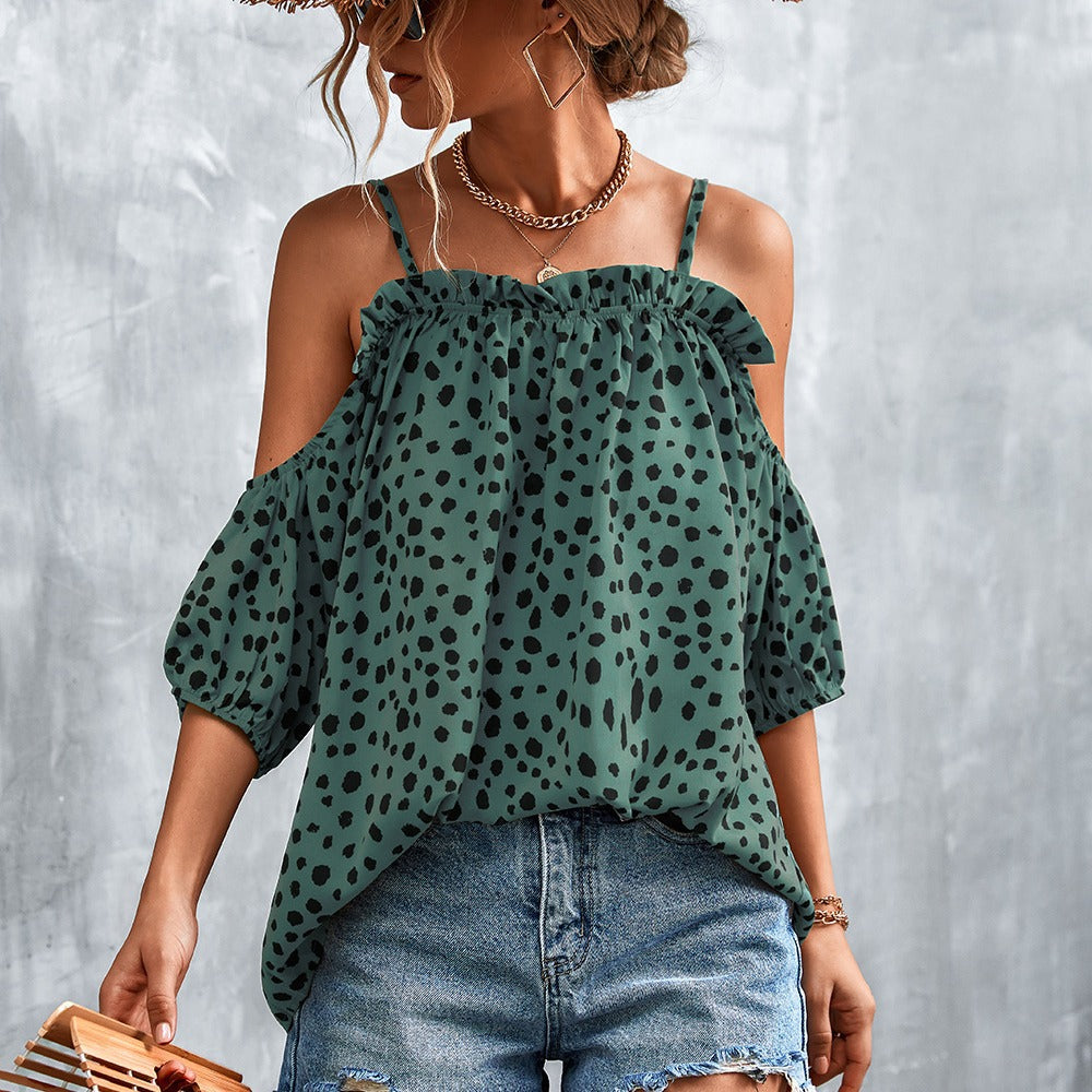 Damen Off-Shoulder Bluse mit verspieltem Punktemuster und luftigen Puffärmeln R&B