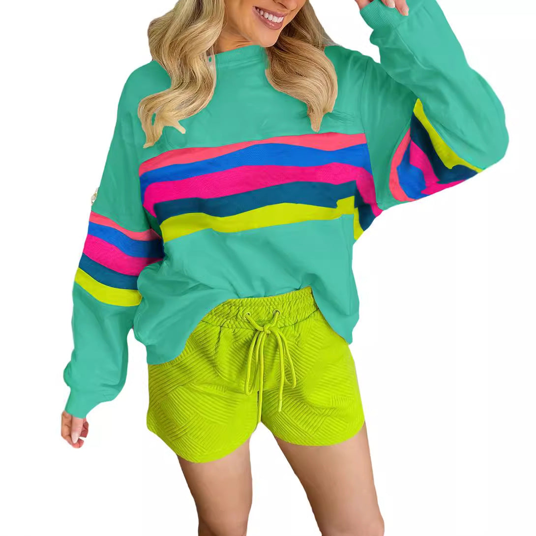 Damen Lässiges Oversized-Sweatshirt mit Bunten Streifen und Tieferem Rundhalsausschnitt R&B