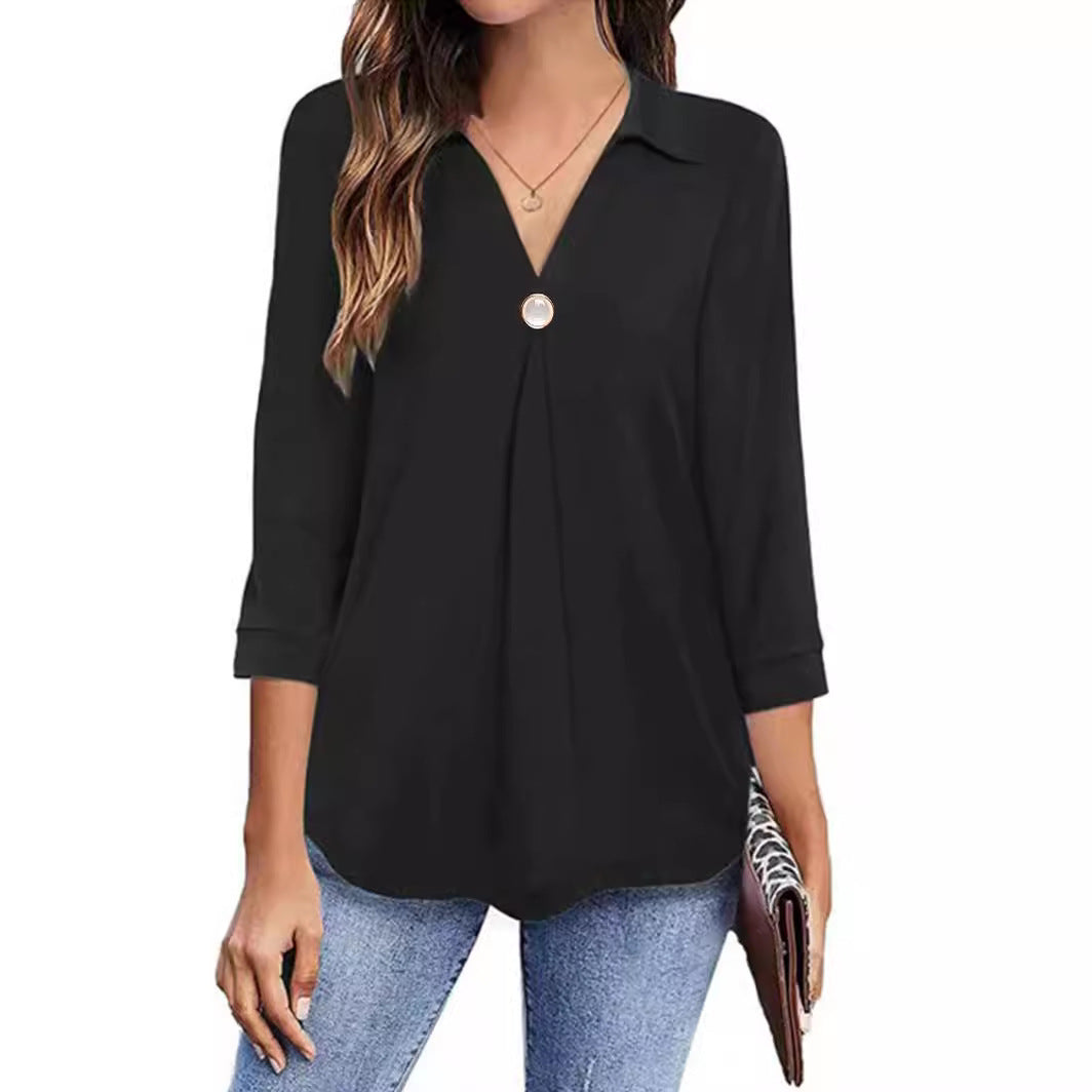 Damen Langarm Bluse mit elegantem V-Ausschnitt und dekorativen Falten R&B