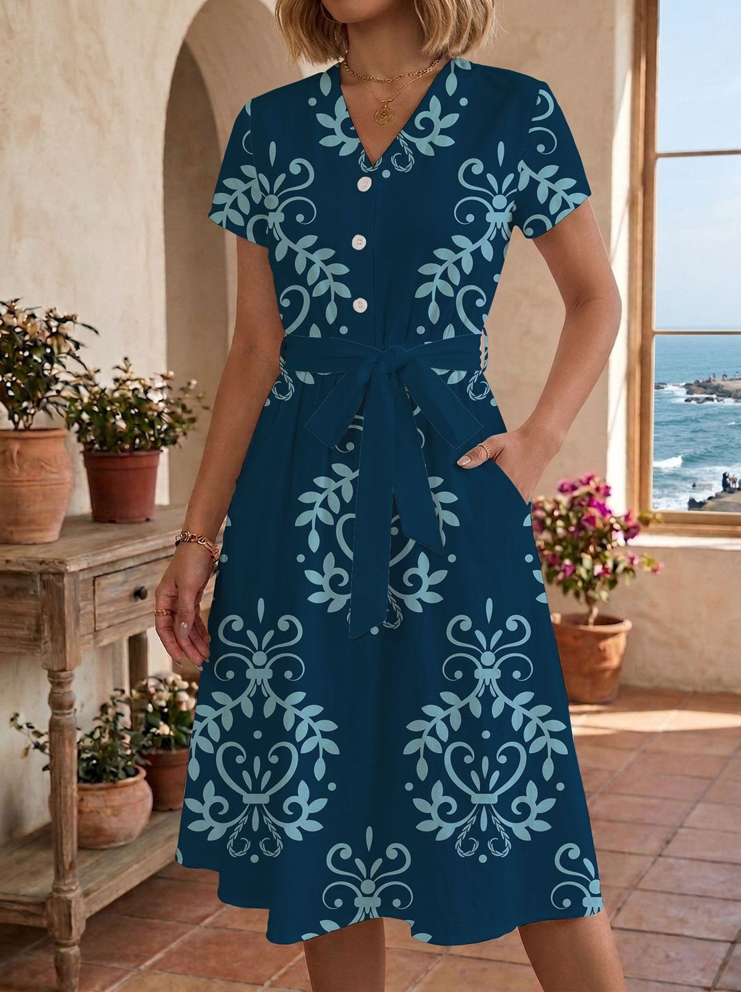 Damen Sommerliches Kleid mit taillierbarem Bindegürtel und floralem Muster R&B