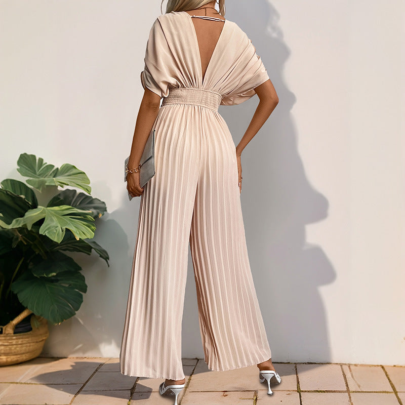 Damen Eleganter Jumpsuit mit hohem V-Ausschnitt und schwingenden Beinen R&B