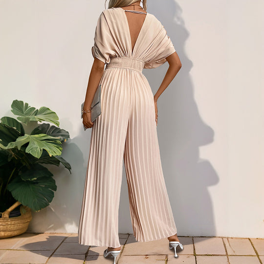 Damen Eleganter Jumpsuit mit hohem V-Ausschnitt und schwingenden Beinen R&B