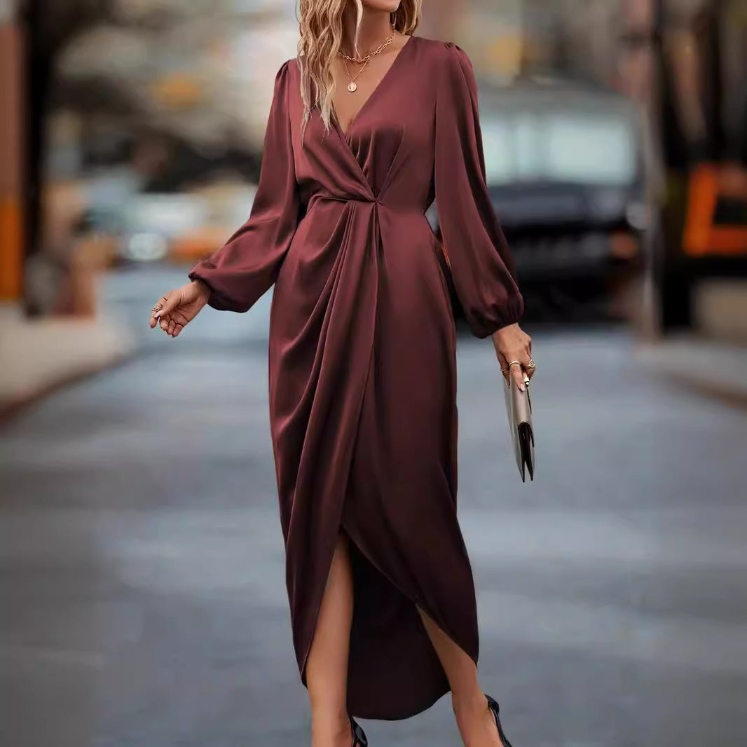 Damen nan tailliertes Drapé-Midikleid mit V-Ausschnitt Raffung Ballonärmeln und seitlichem Wickelschlitz R&B