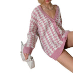 Damen Grobstrickpullover mit modernem Hahnentrittmuster und Knopfleiste R&B