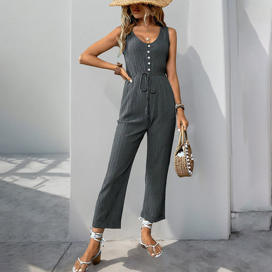 Damen eleganter Jumpsuit mit Knopfleiste und taillierbarem Gürtel R&B