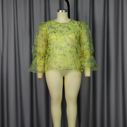 Damen blumige Chiffonbluse mit voluminösen Ärmeln R&B
