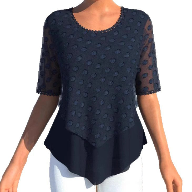 Damen nan Tüllbluse mit bestickten Punkten, halbtransparenten Ärmeln und asymmetrischem Stufensaum R&B