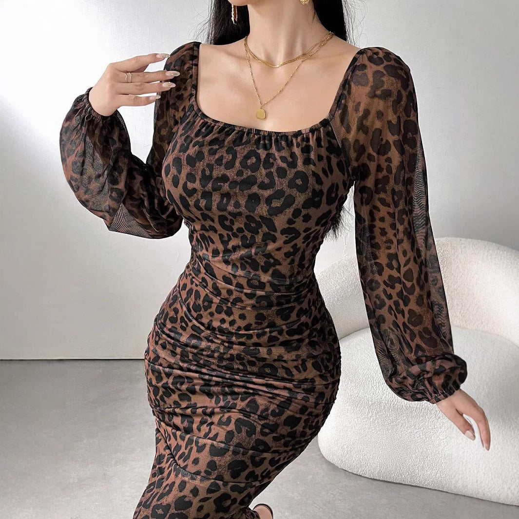 Damen elegantes Kleid mit Leopardenmuster und Puffärmeln R&B