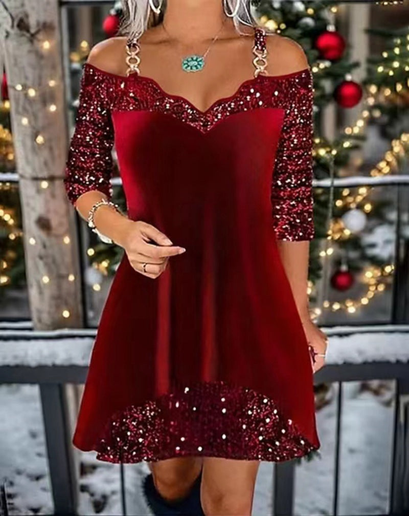 Damen nan schulterfreies Pailletten-Swingkleid mit zierlichen Ketten‑Trägern, halblangen Ärmeln und Volantbesatz R&B