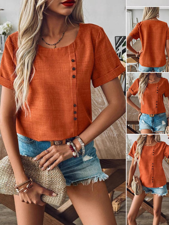 Damen Kurzarmbluse mit dekorativen Knopfdetails und modernem Schnitt Heidi-Mode