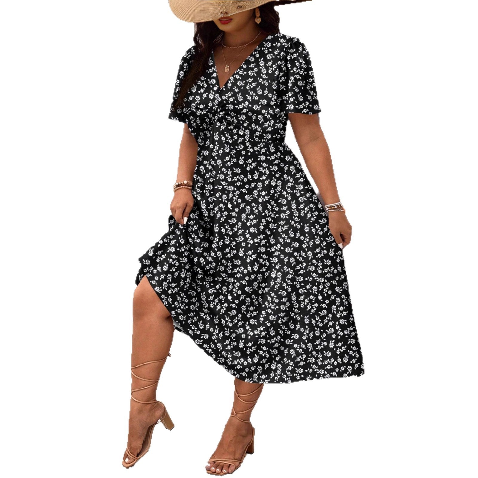 Damen Midi-Kleid mit Blumenmuster und vorteilhaftem Schlitz R&B