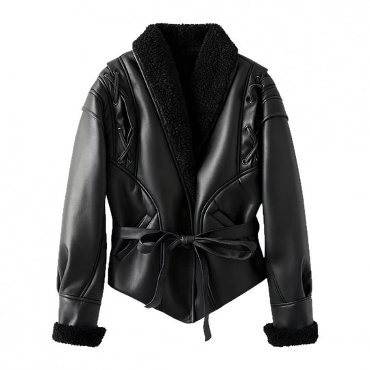 Damen Kunstlederjacke mit warmem Teddyfutter und eleganten Schnürdetails R&B